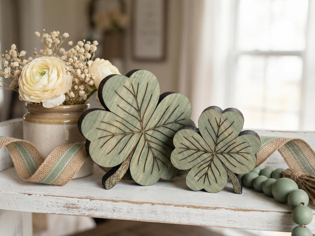 Muted Green Reclaimed Wood 4 Leaf Shamrocks