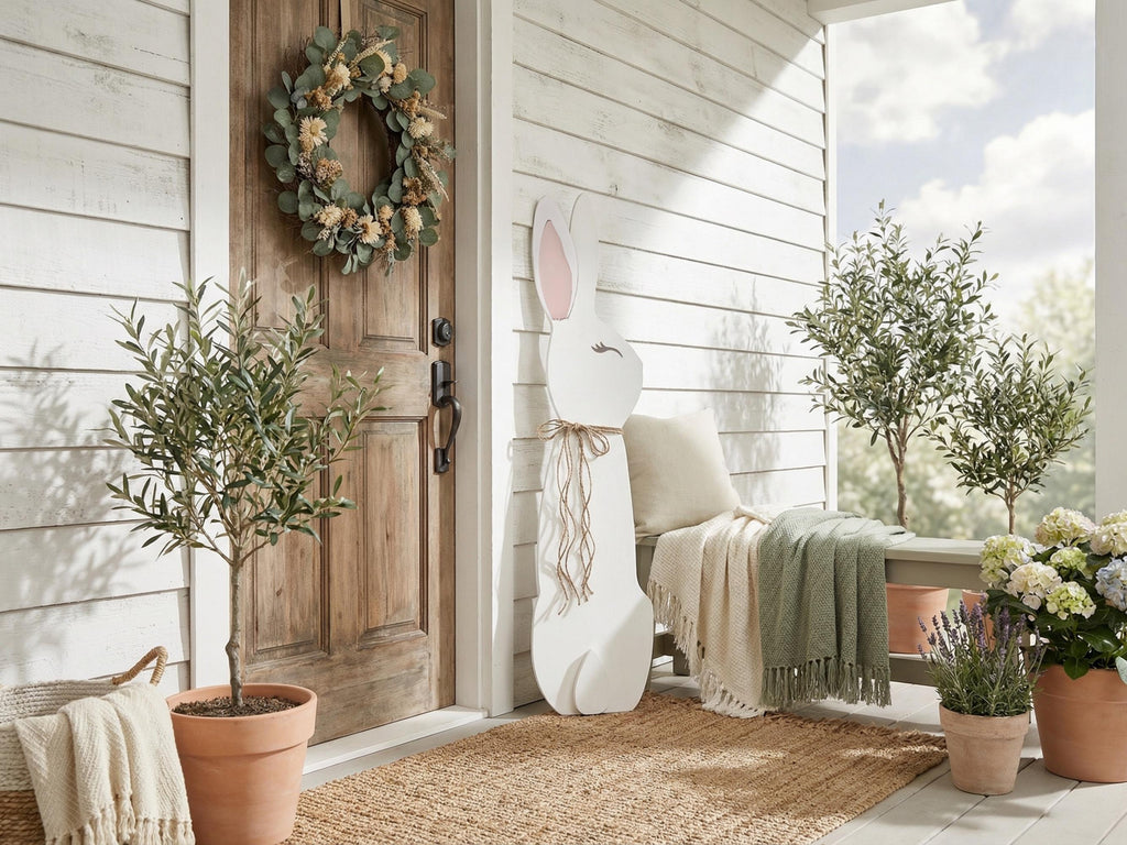 3D Detailed Wooden Porch Leaner White Rabbit with a Jute Twine Bow