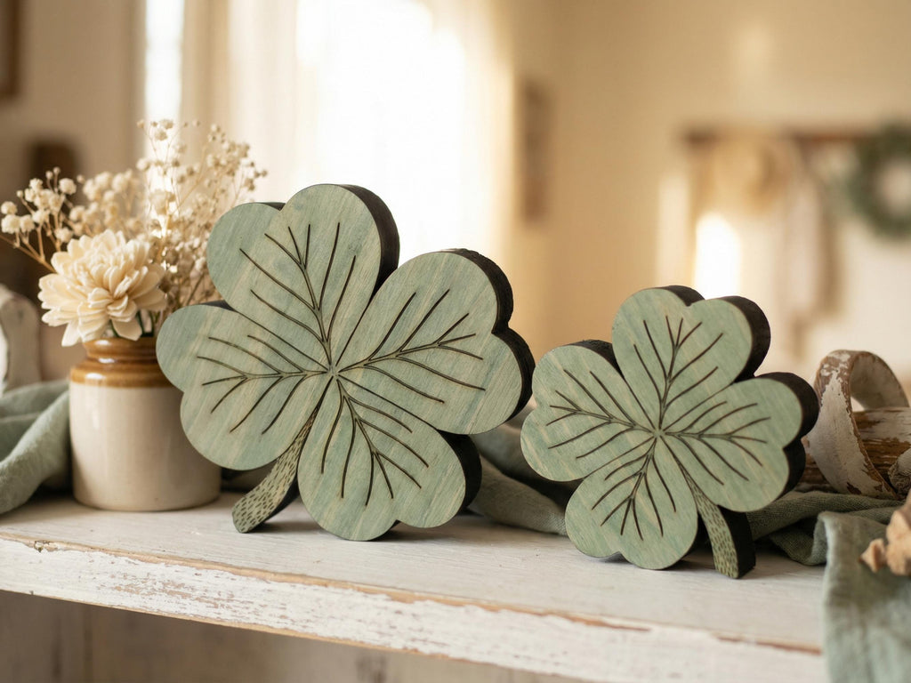 Muted Green Reclaimed Wood 4 Leaf Shamrocks