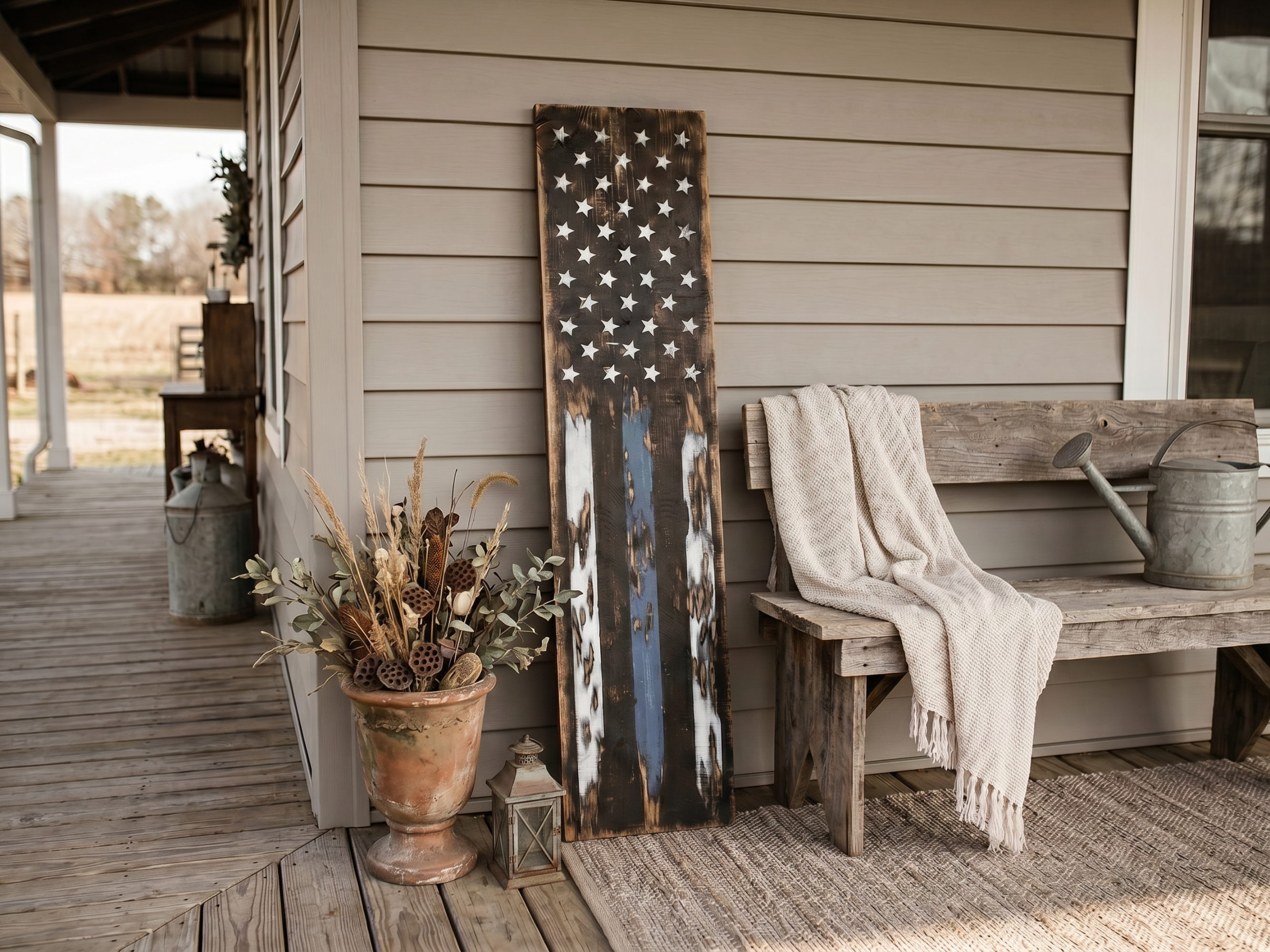 Rustic Thin Blue Line Wooden Flag Porch Leaner