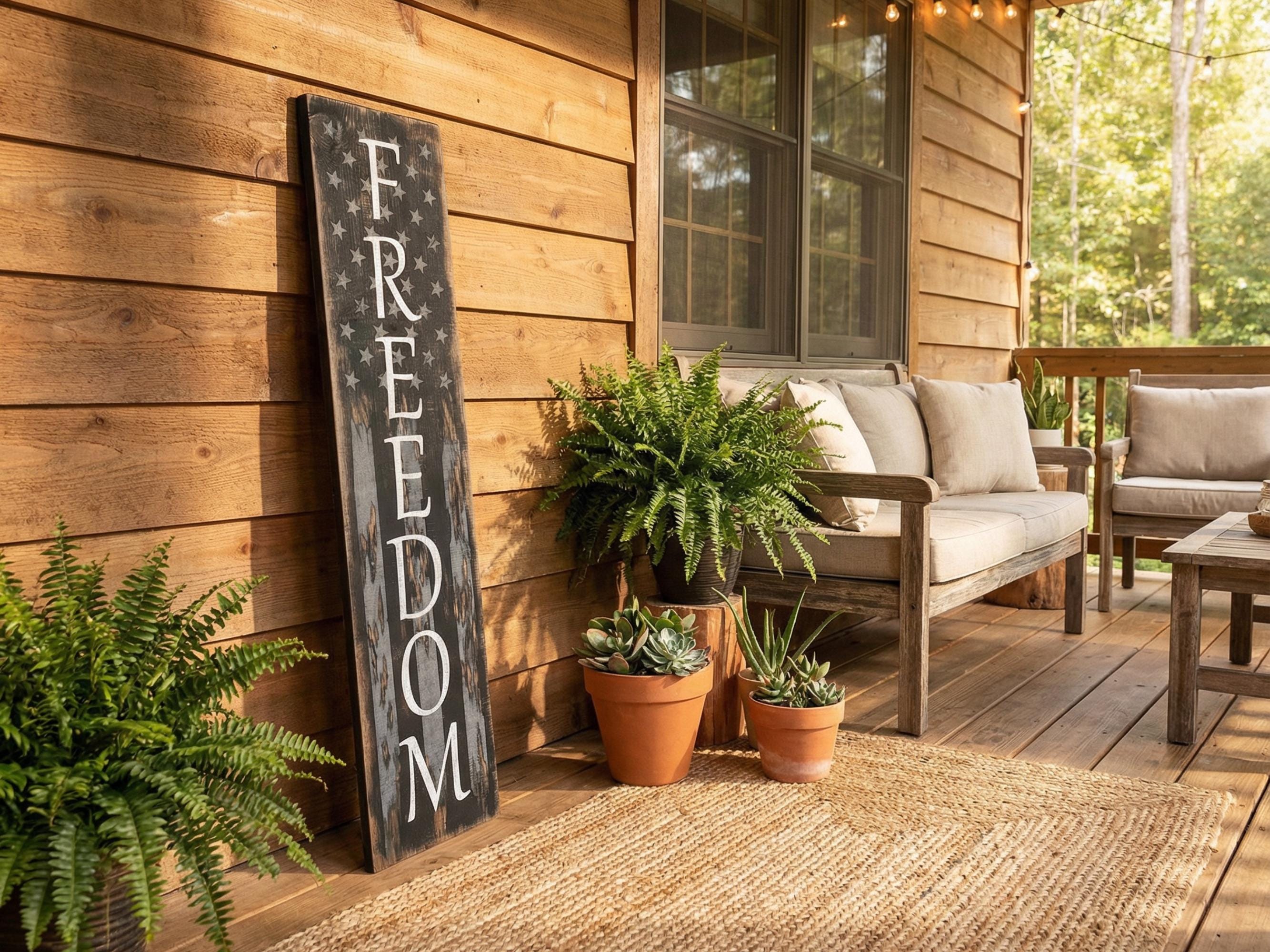 Freedom Solid Wood Porch Leaner Sign Subdued American Flag