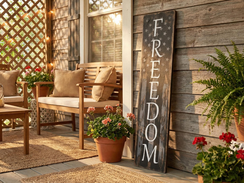 Freedom Solid Wood Porch Leaner Sign Subdued American Flag