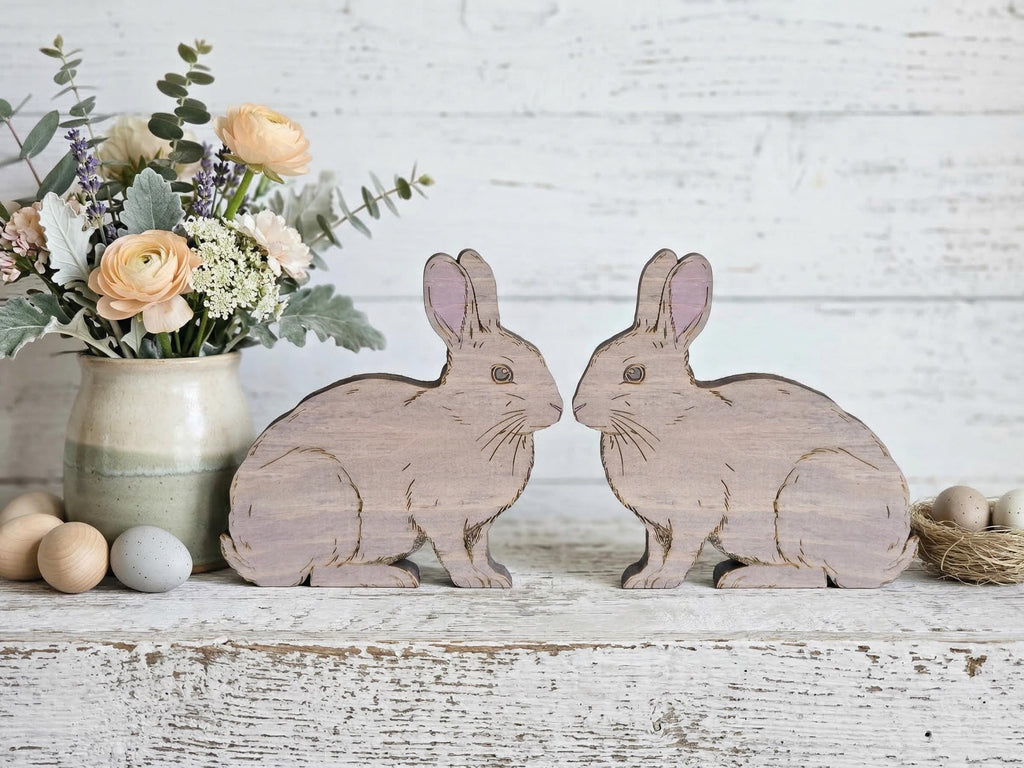 Rustic Wooden Shelf Sitter Bunny Featuring Realistic Details and Soft Tones