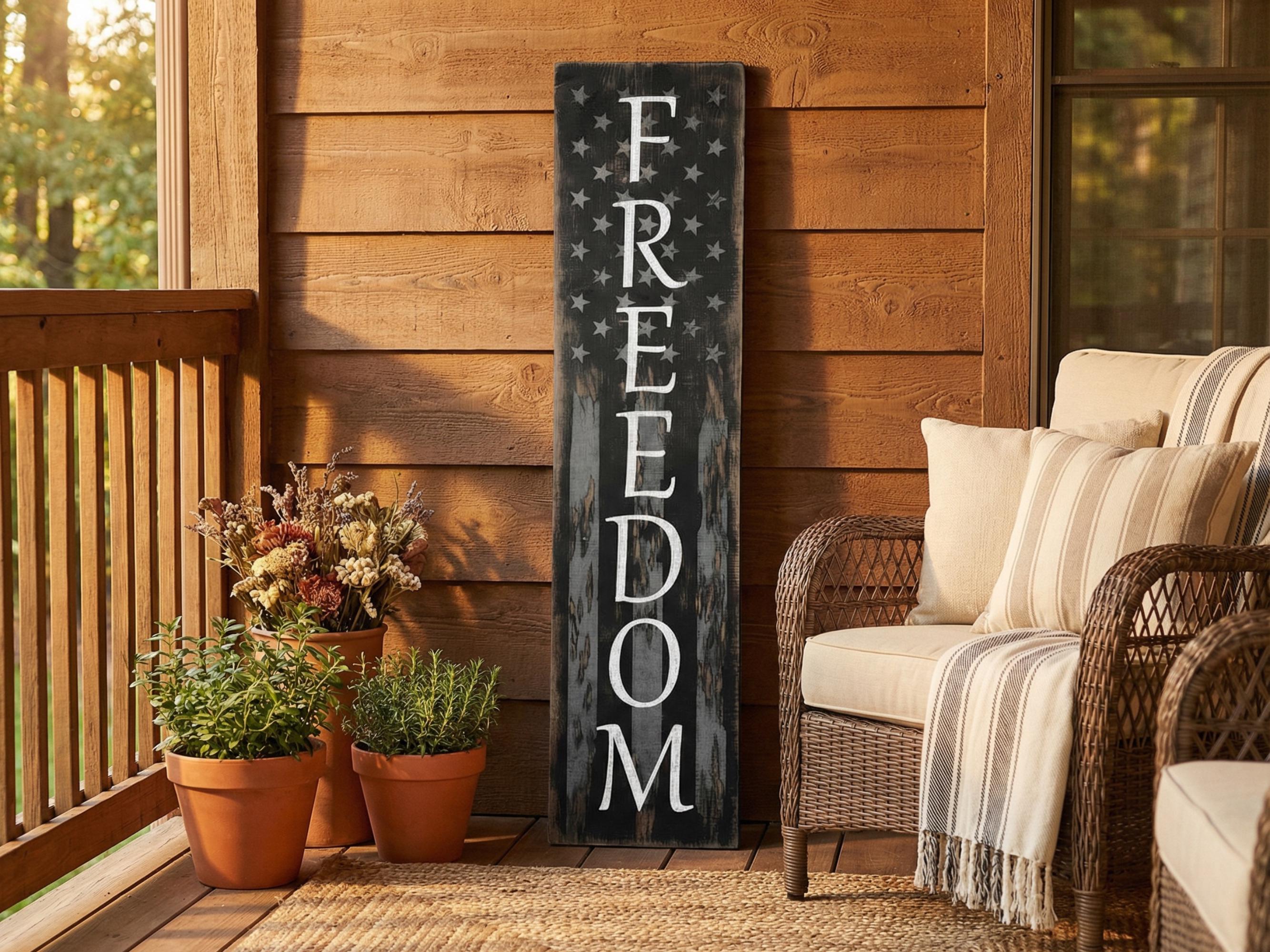 Freedom Solid Wood Porch Leaner Sign Subdued American Flag