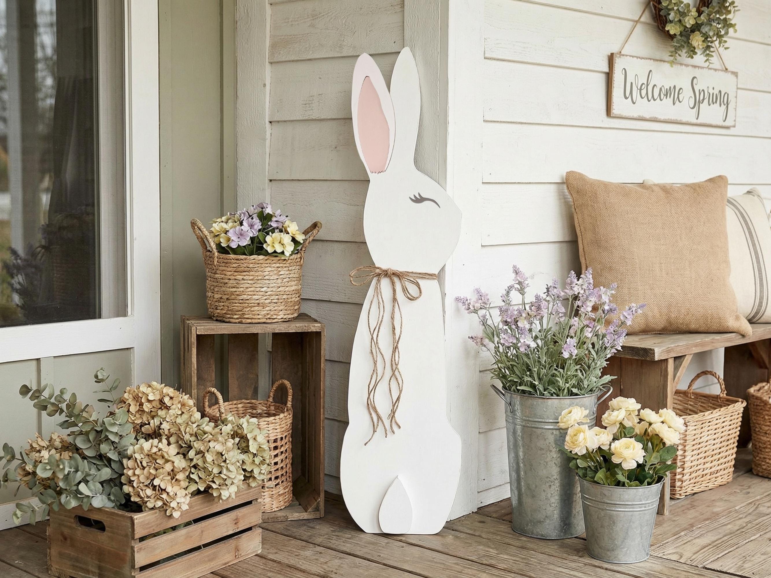 3D Detailed Wooden Porch Leaner White Rabbit with a Jute Twine Bow