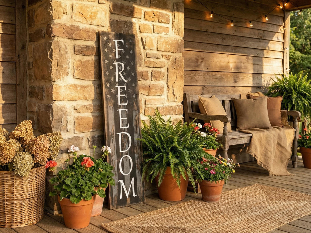 Freedom Solid Wood Porch Leaner Sign Subdued American Flag