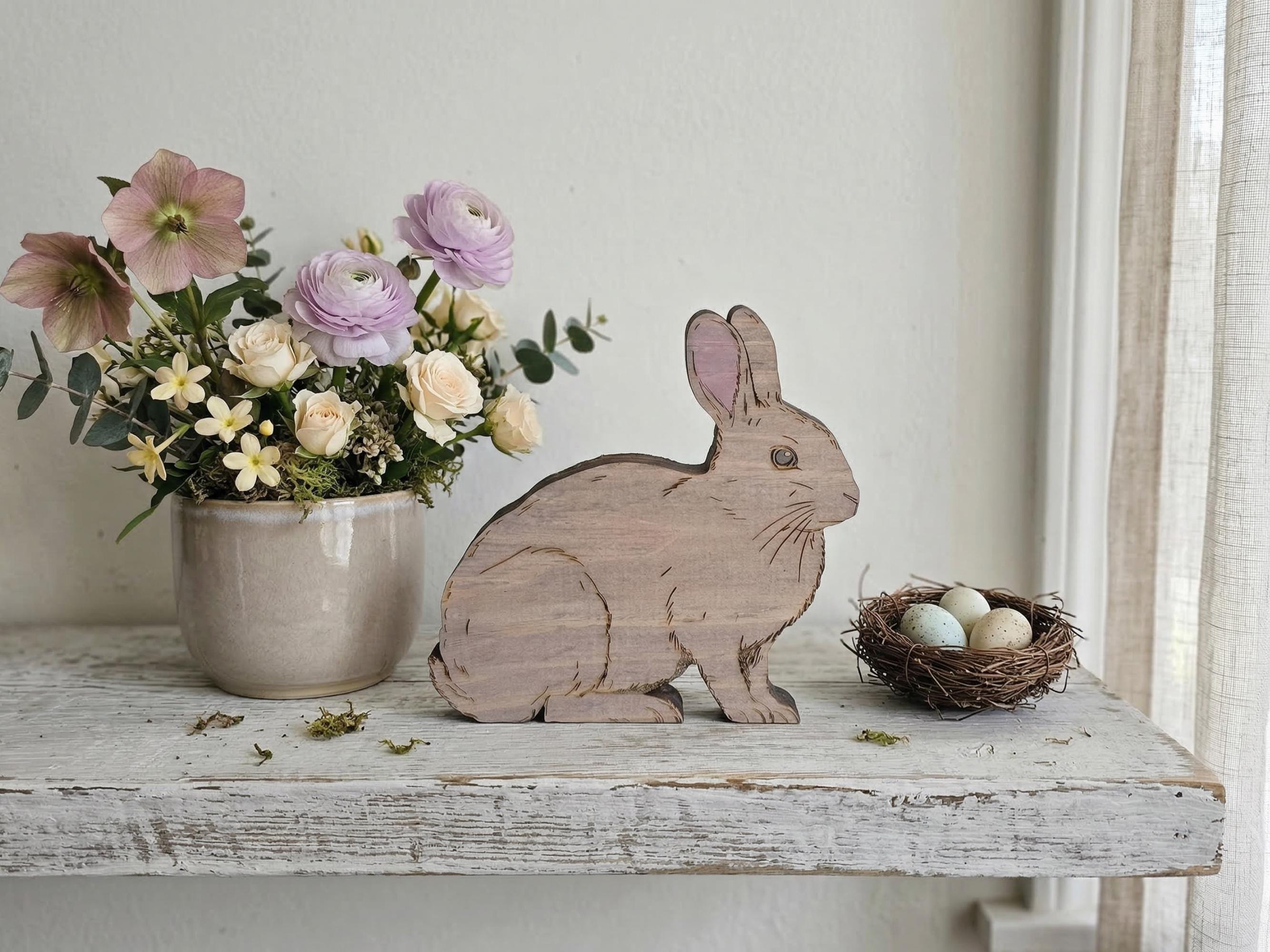 Rustic Wooden Shelf Sitter Bunny Featuring Realistic Details and Soft Tones