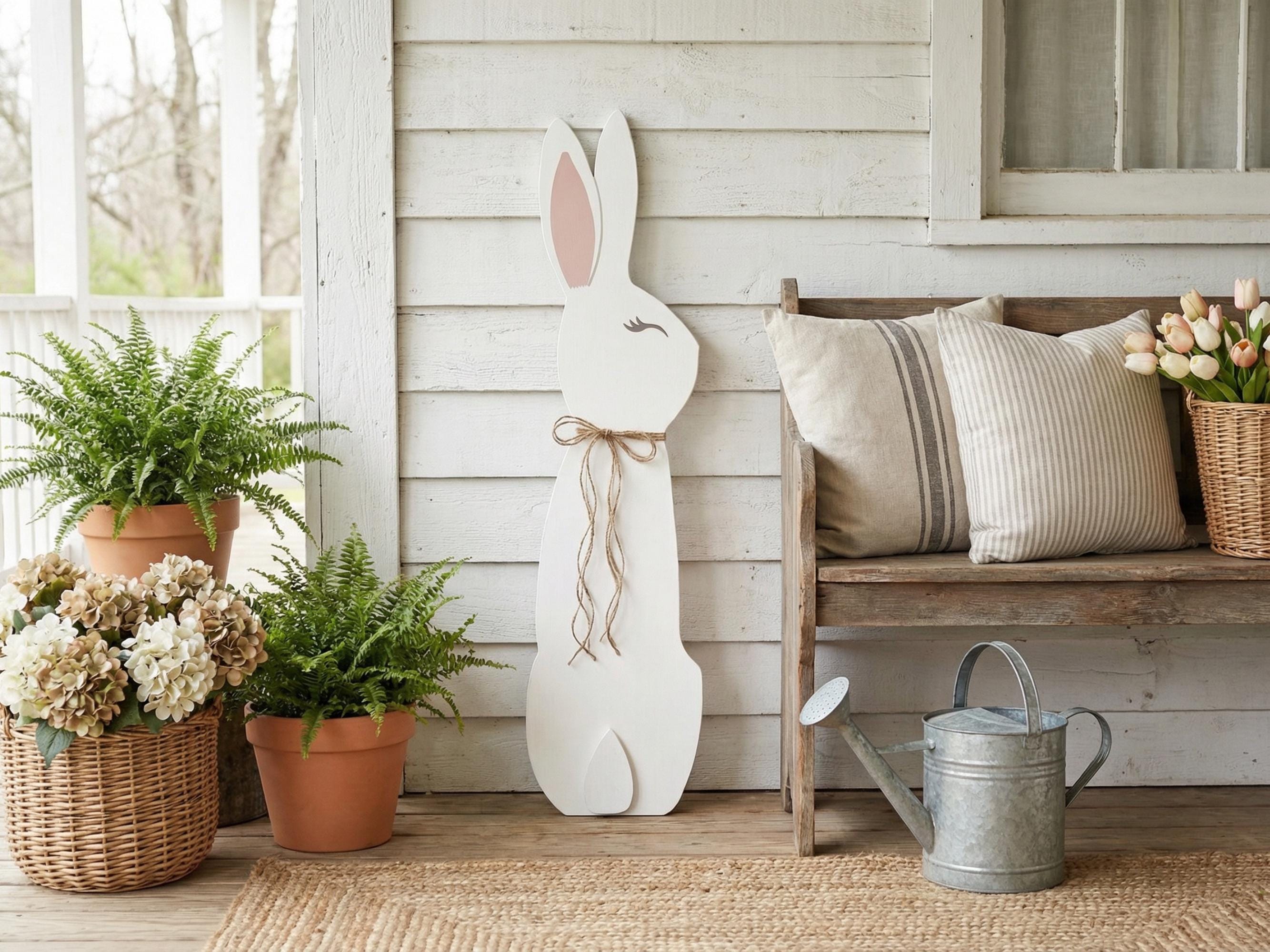 3D Detailed Wooden Porch Leaner White Rabbit with a Jute Twine Bow