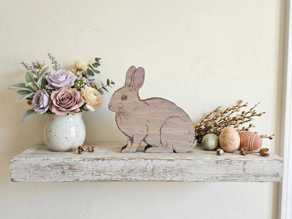 Rustic Wooden Shelf Sitter Bunny Featuring Realistic Details and Soft Tones