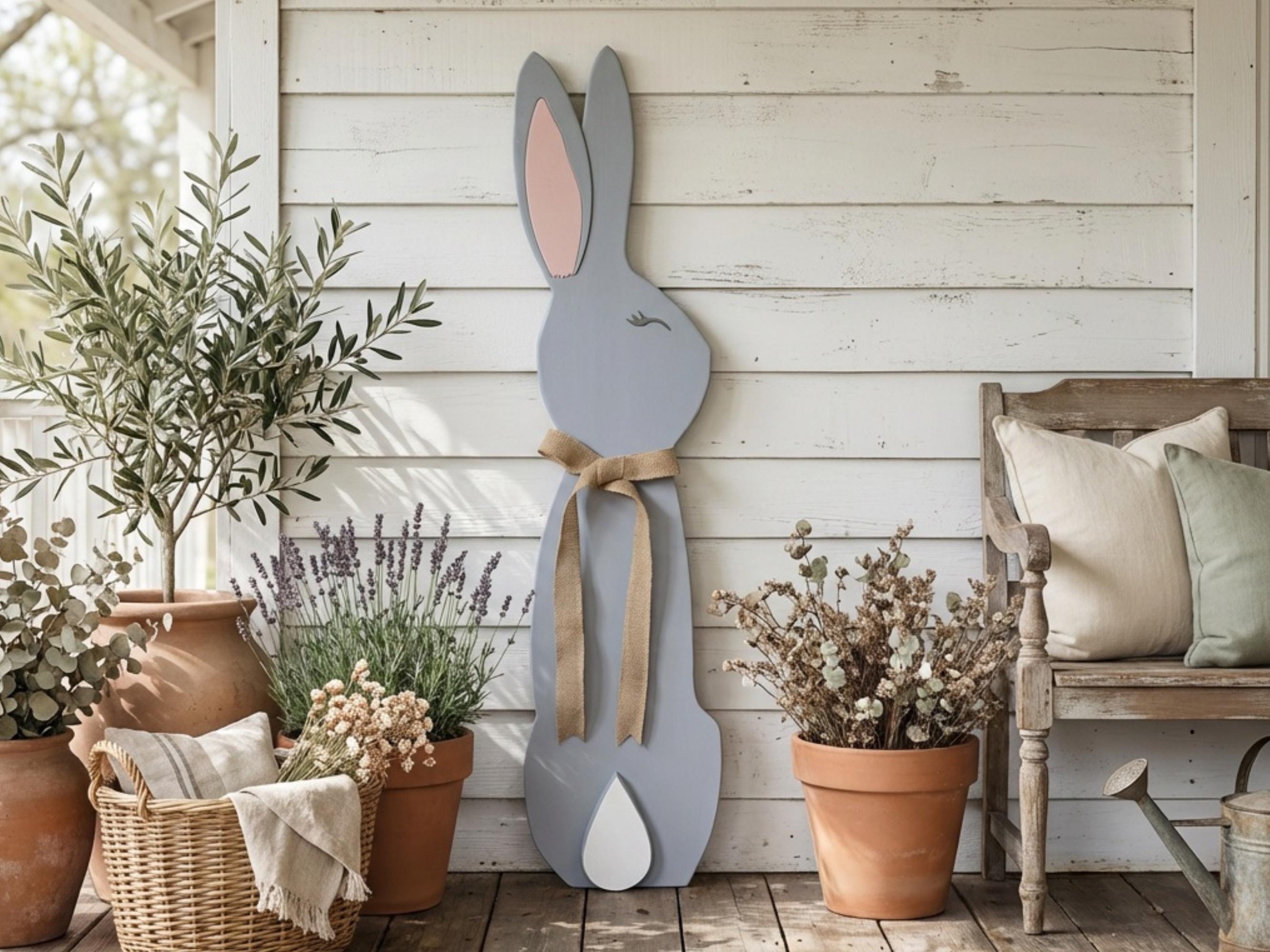 3D Gray Bunny with a Burlap Bow