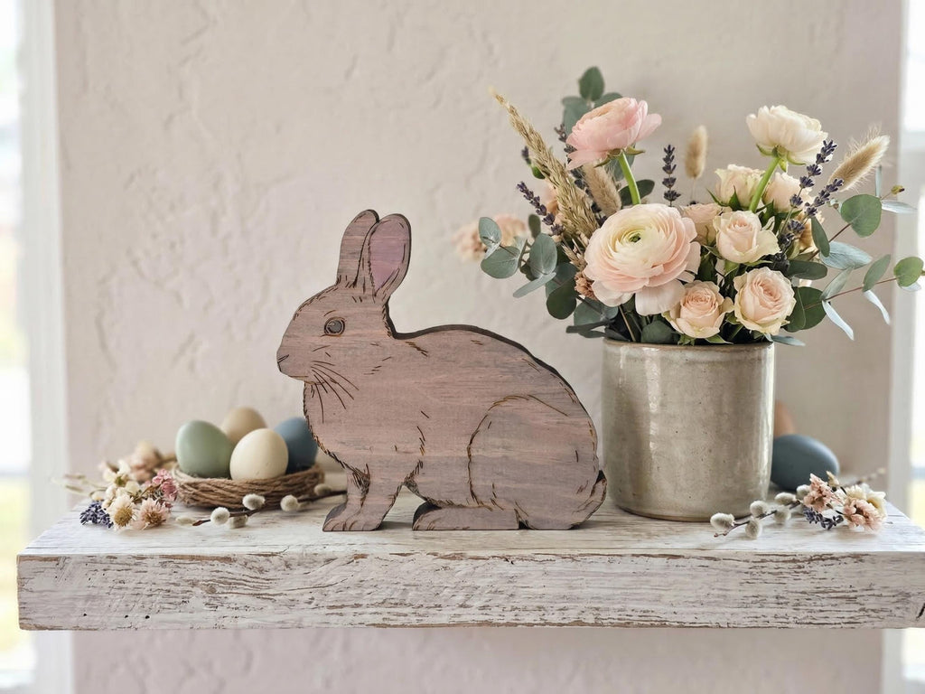 Rustic Wooden Shelf Sitter Bunny Featuring Realistic Details and Soft Tones