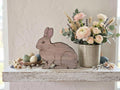 Rustic Wooden Shelf Sitter Bunny Featuring Realistic Details and Soft Tones