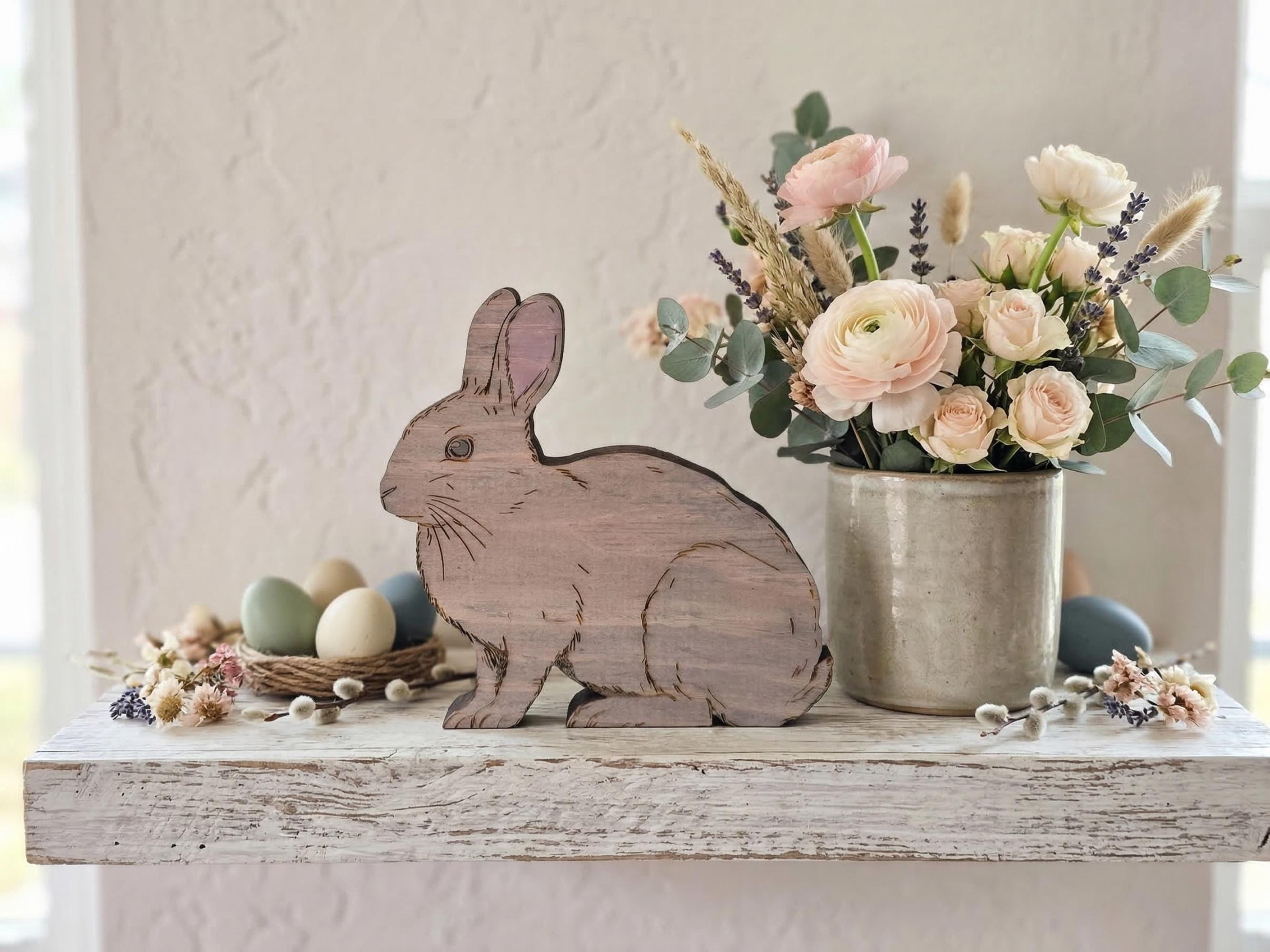 Rustic Wooden Shelf Sitter Bunny Featuring Realistic Details and Soft Tones