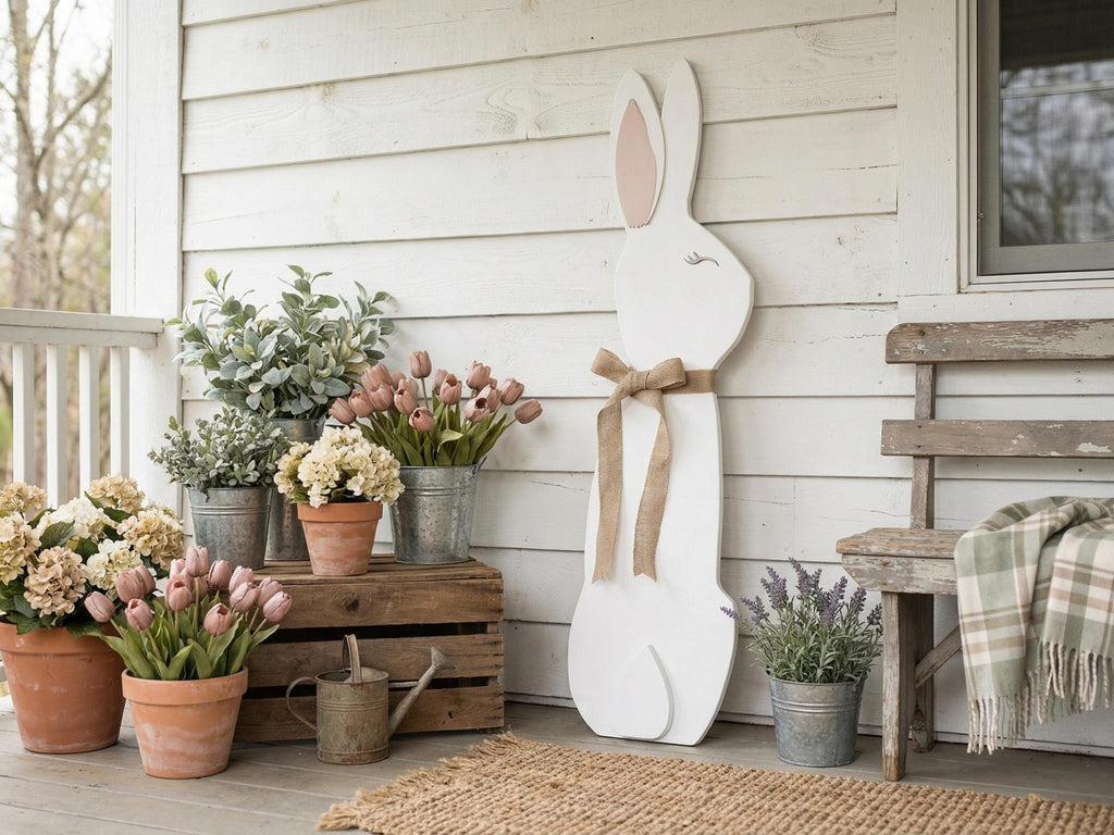 3D White Bunny with Burlap Bow