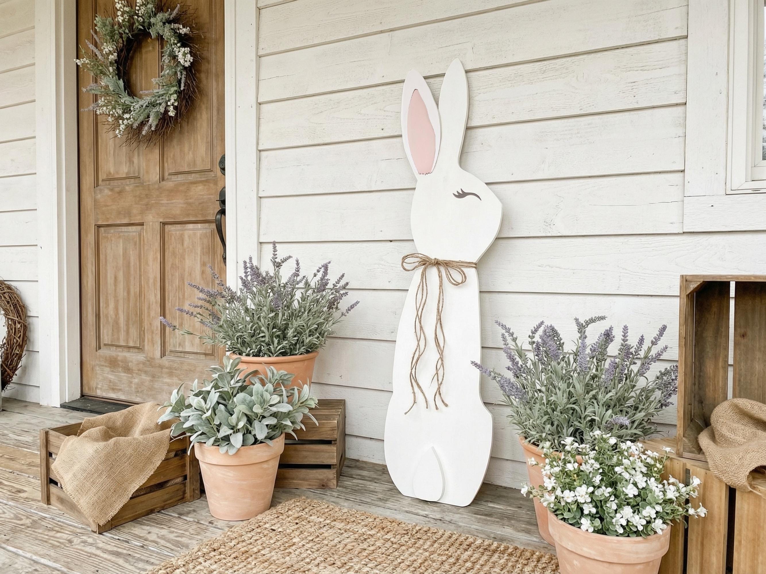 3D Detailed Wooden Porch Leaner White Rabbit with a Jute Twine Bow