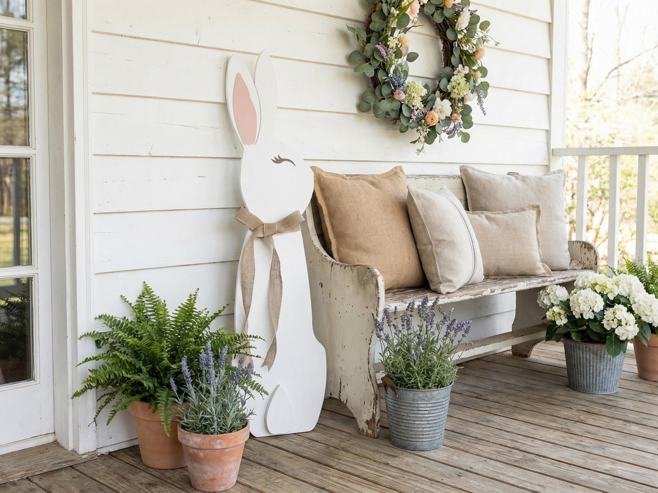3D White Bunny with Burlap Bow