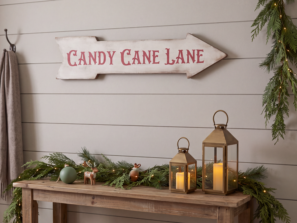 Antique style Candy Cane Lane Arrow Shaped Sign