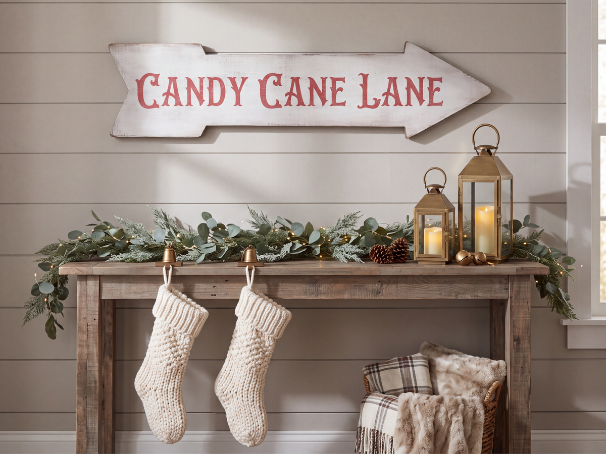 Antique style Candy Cane Lane Arrow Shaped Sign