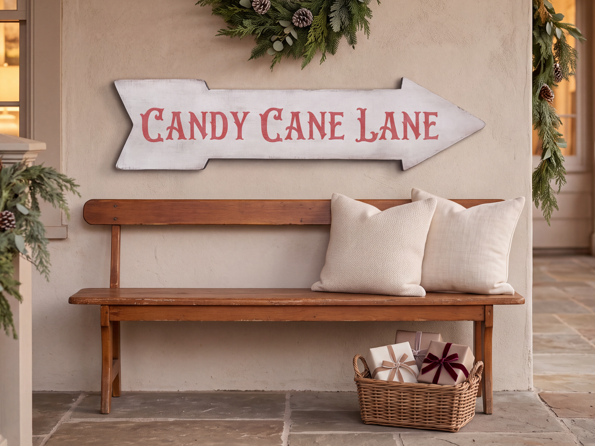 Antique style Candy Cane Lane Arrow Shaped Sign