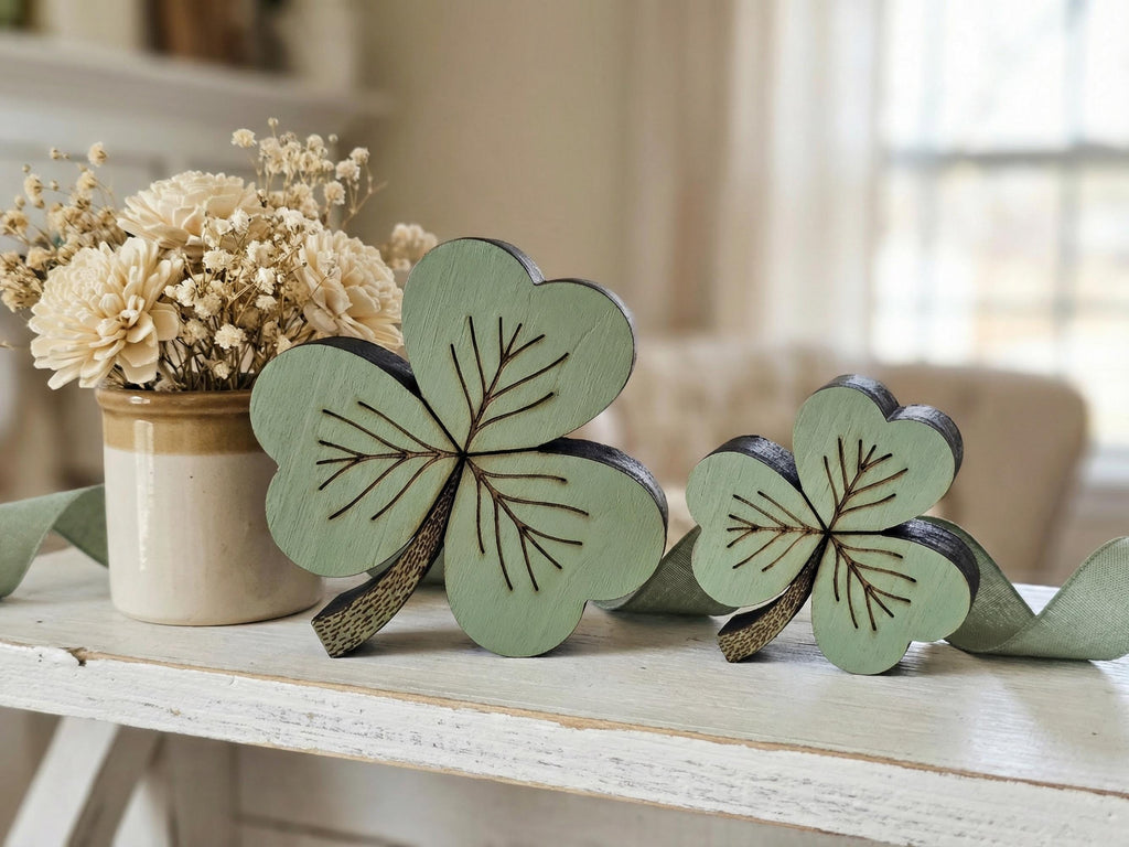 Muted Green Reclaimed Wood 3 Leaf Shamrocks