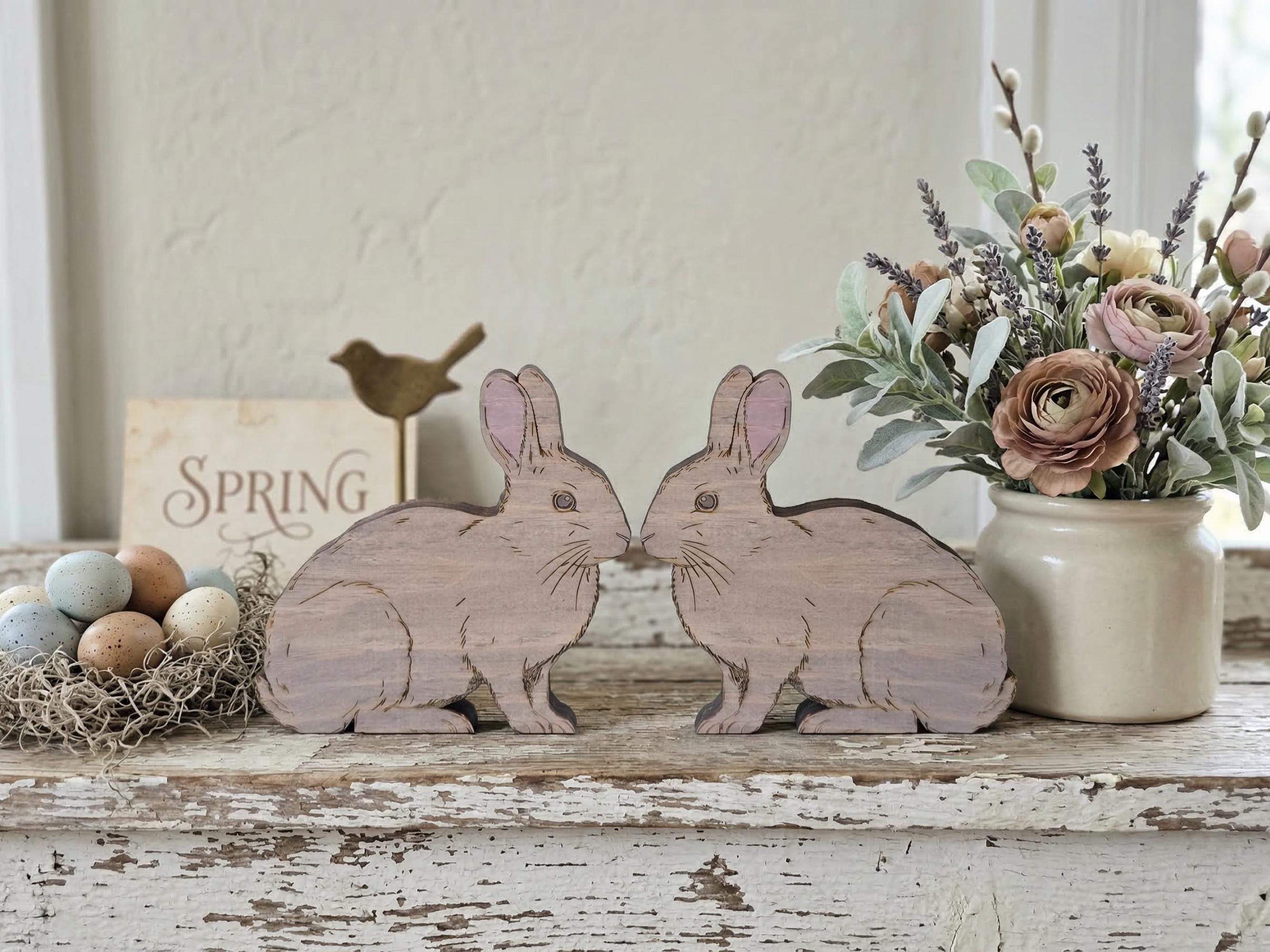 Rustic Wooden Shelf Sitter Bunny Featuring Realistic Details and Soft Tones