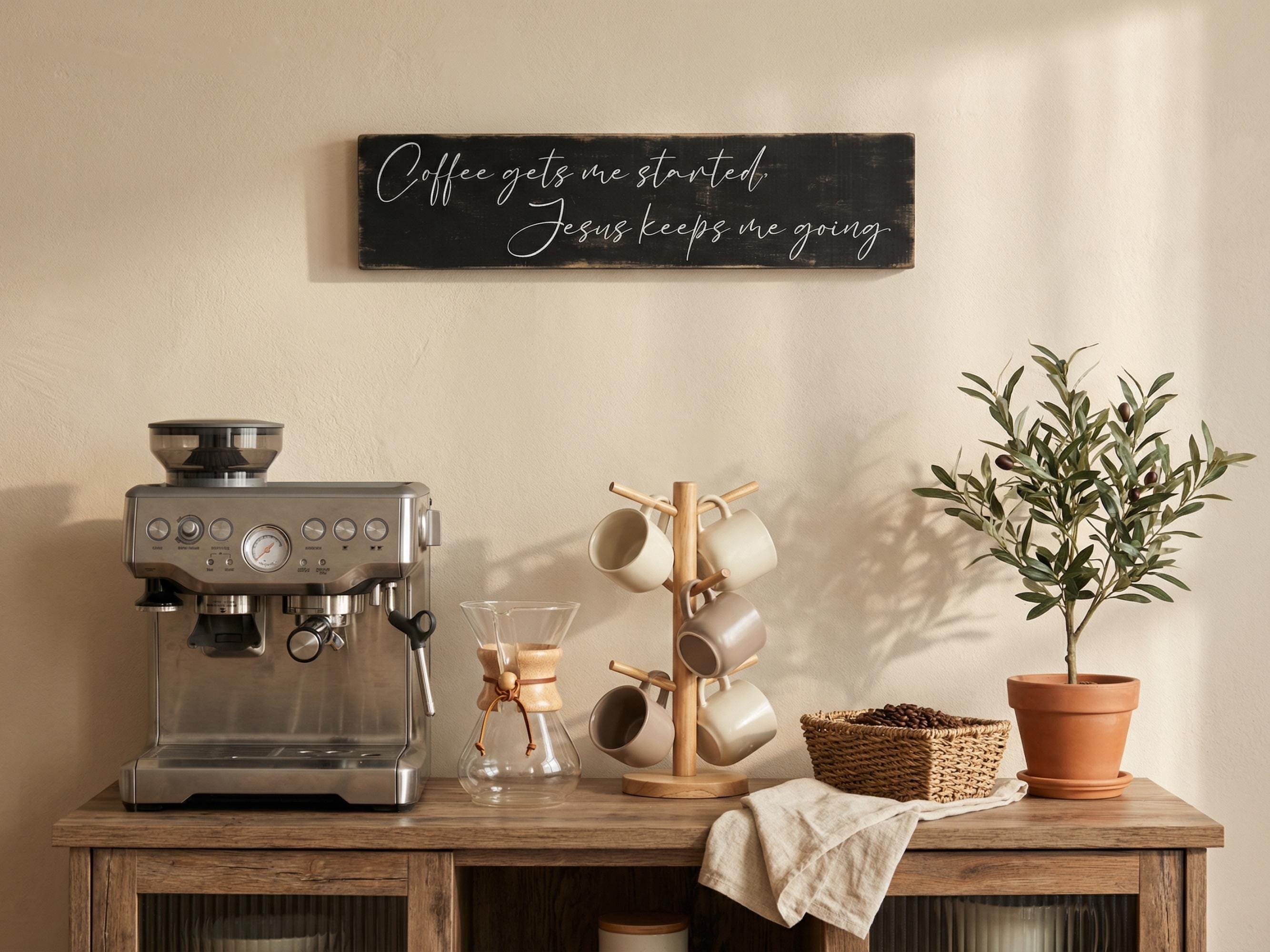 Coffee gets me started, Jesus keeps me going - Rustic Sign