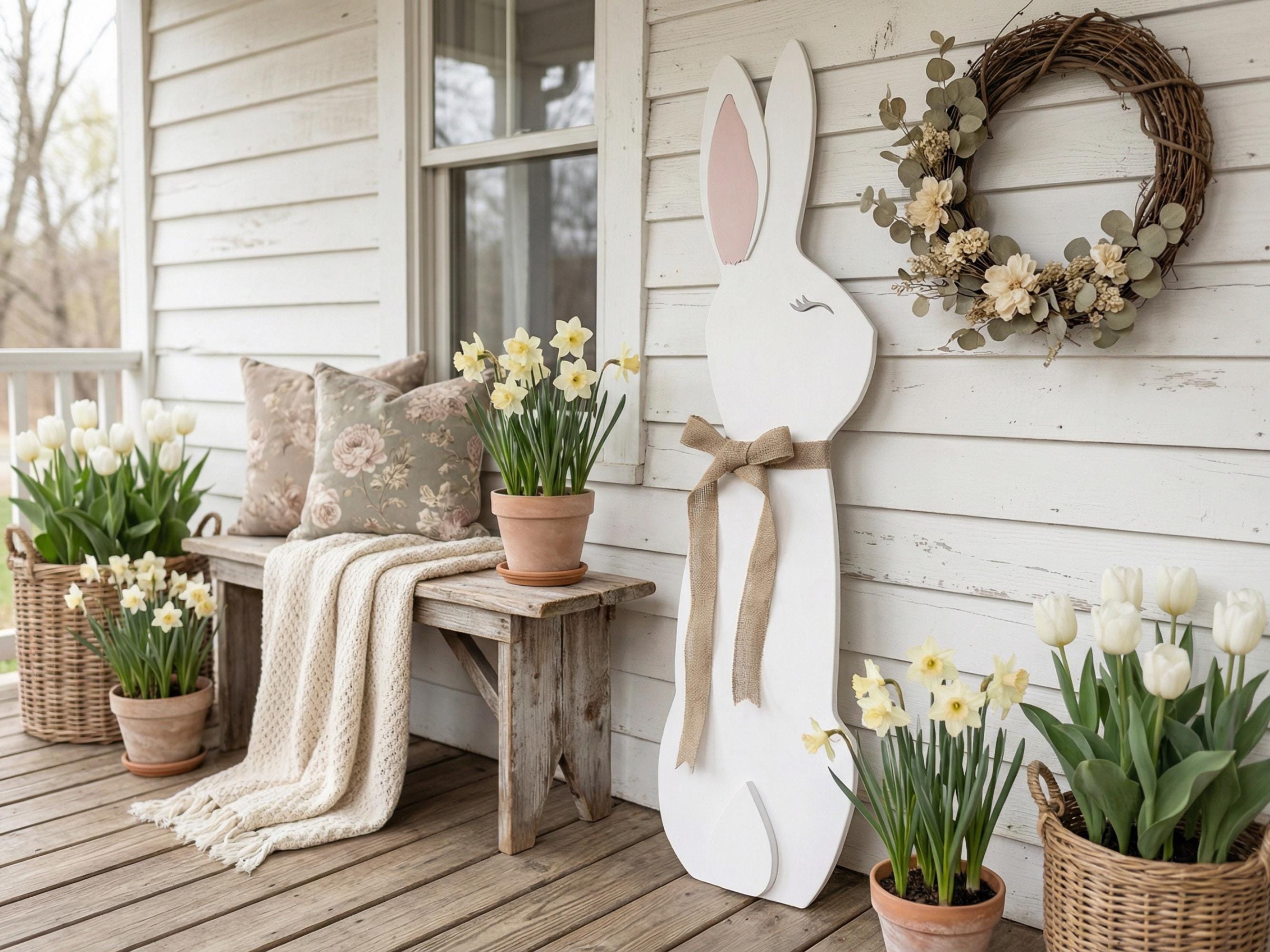 3D White Bunny with Burlap Bow