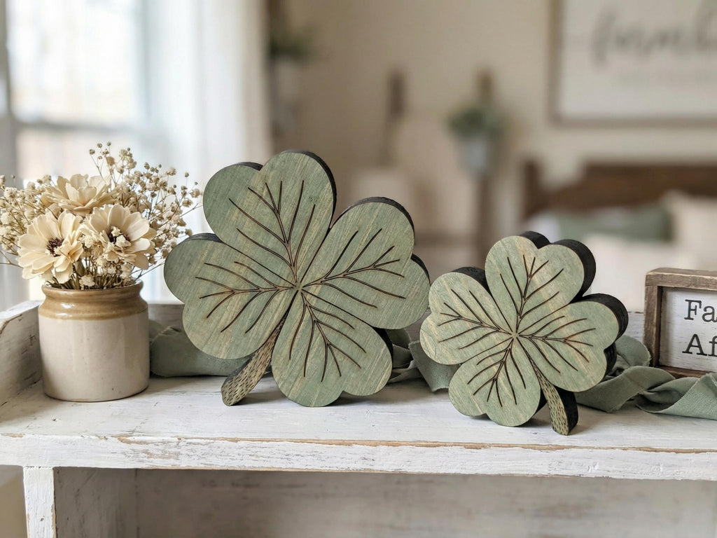 Muted Green Reclaimed Wood 4 Leaf Shamrocks