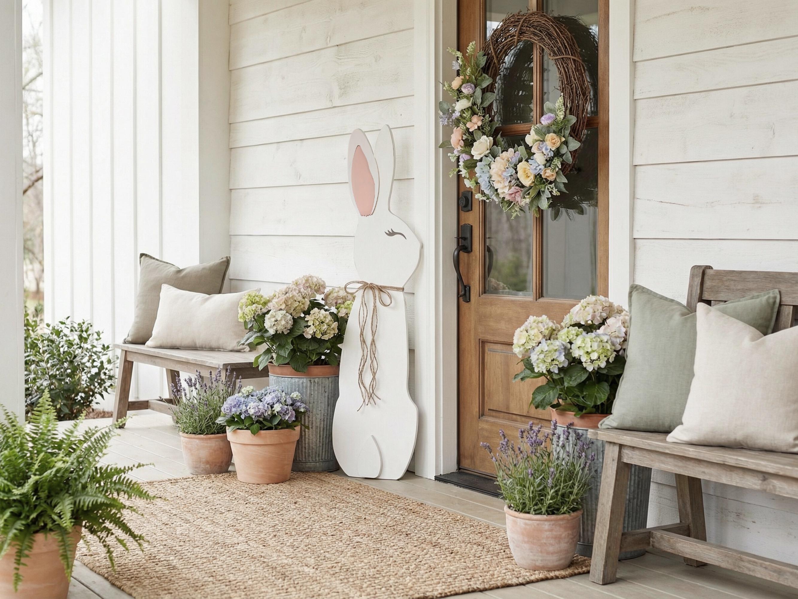 3D Detailed Wooden Porch Leaner White Rabbit with a Jute Twine Bow