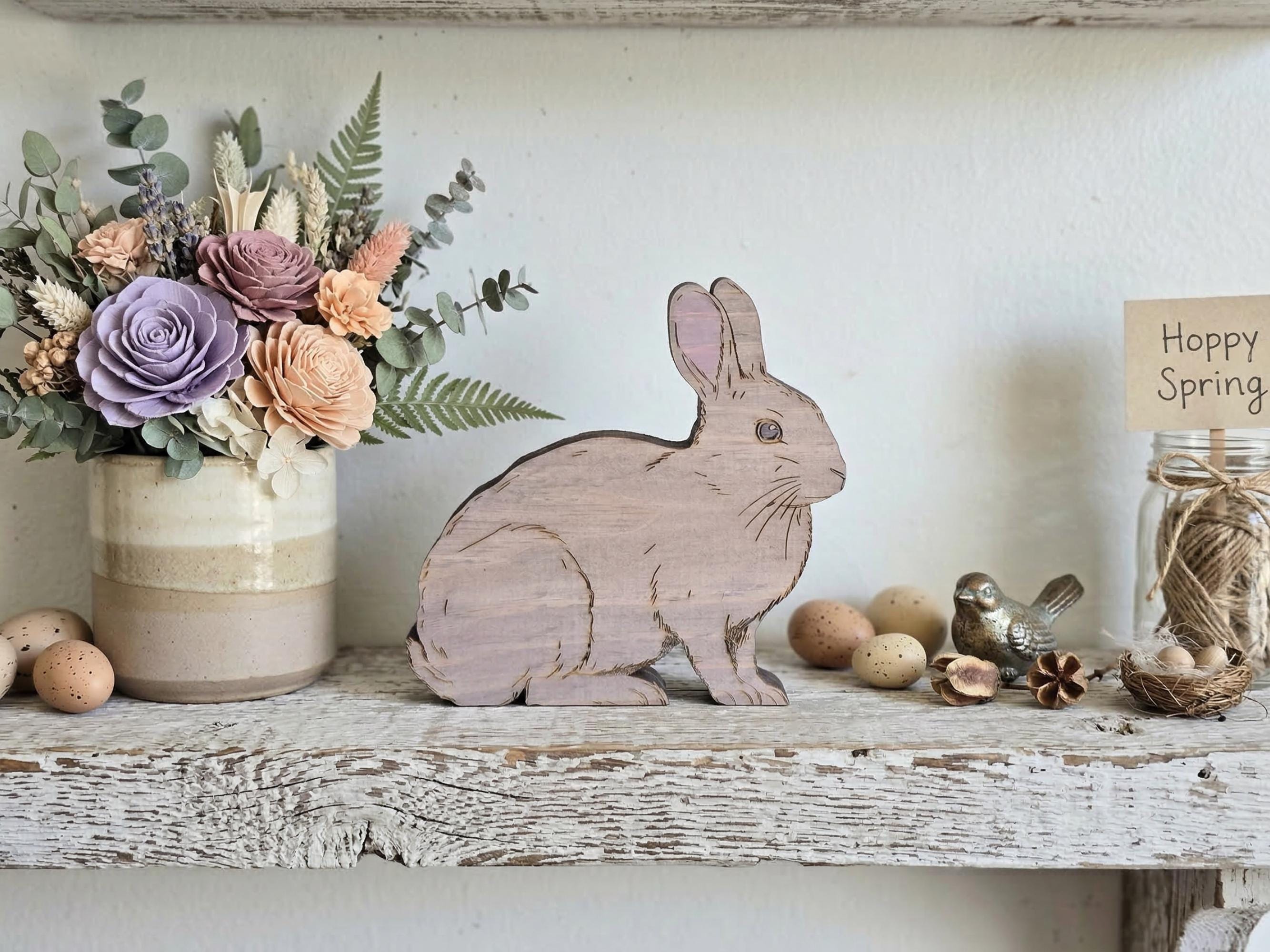 Rustic Wooden Shelf Sitter Bunny Featuring Realistic Details and Soft Tones