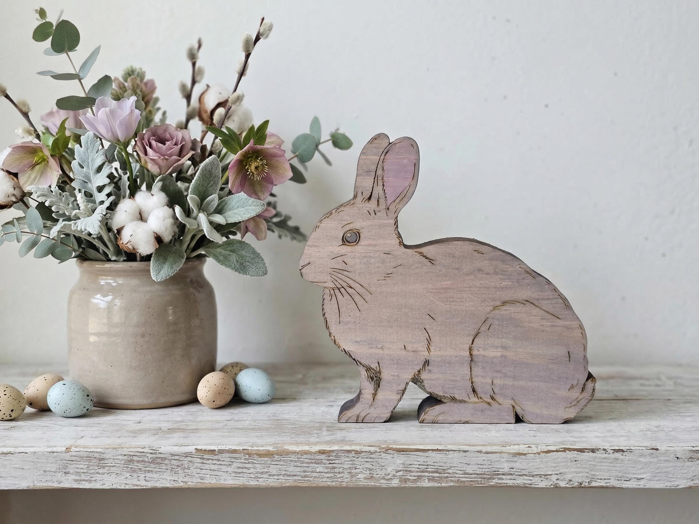 Rustic Wooden Shelf Sitter Bunny Featuring Realistic Details and Soft Tones