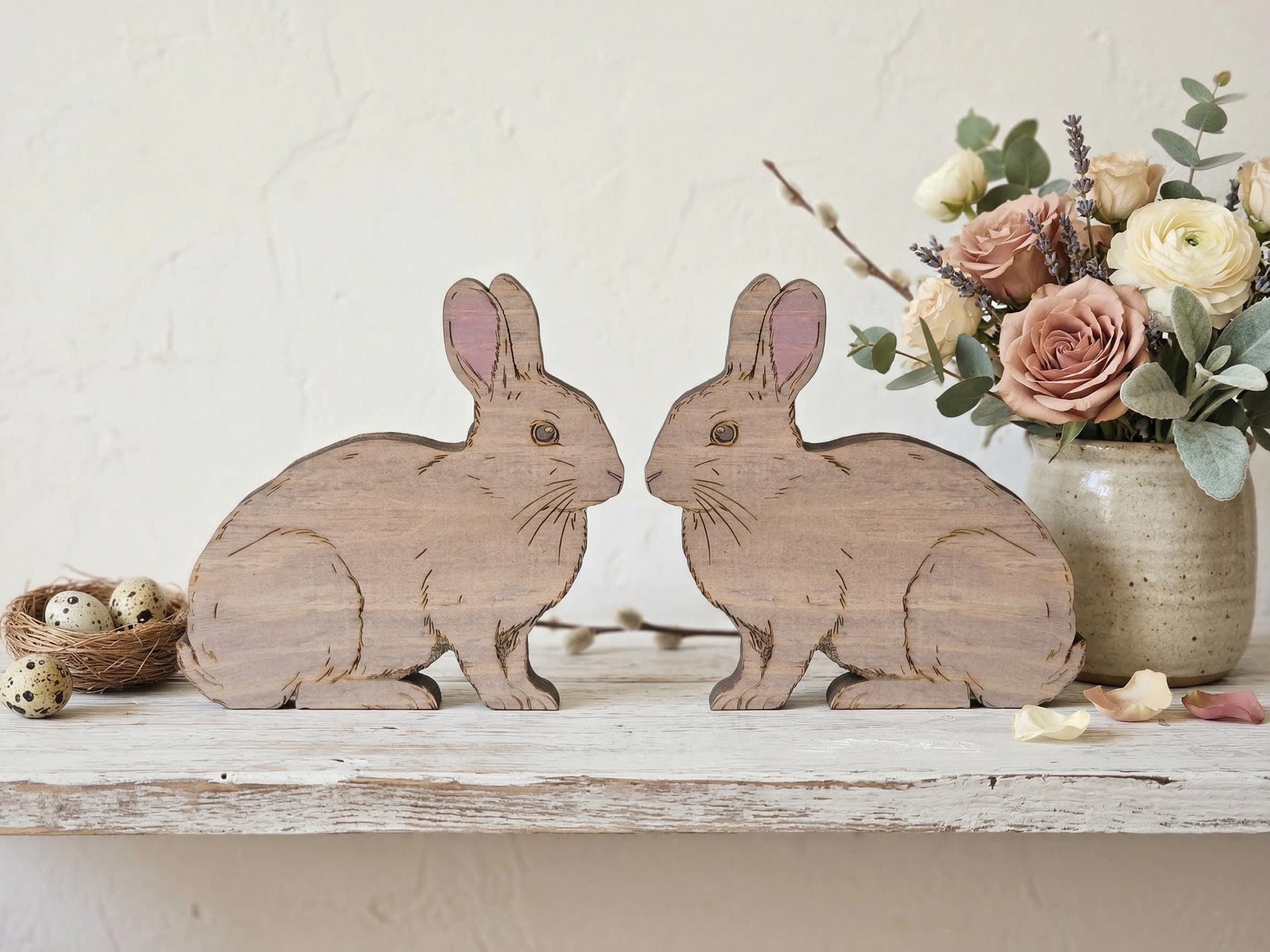 Rustic Wooden Shelf Sitter Bunny Featuring Realistic Details and Soft Tones